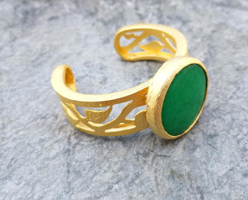 Bracelet with Green Stone Gold Plated Brass Adjustable SR222