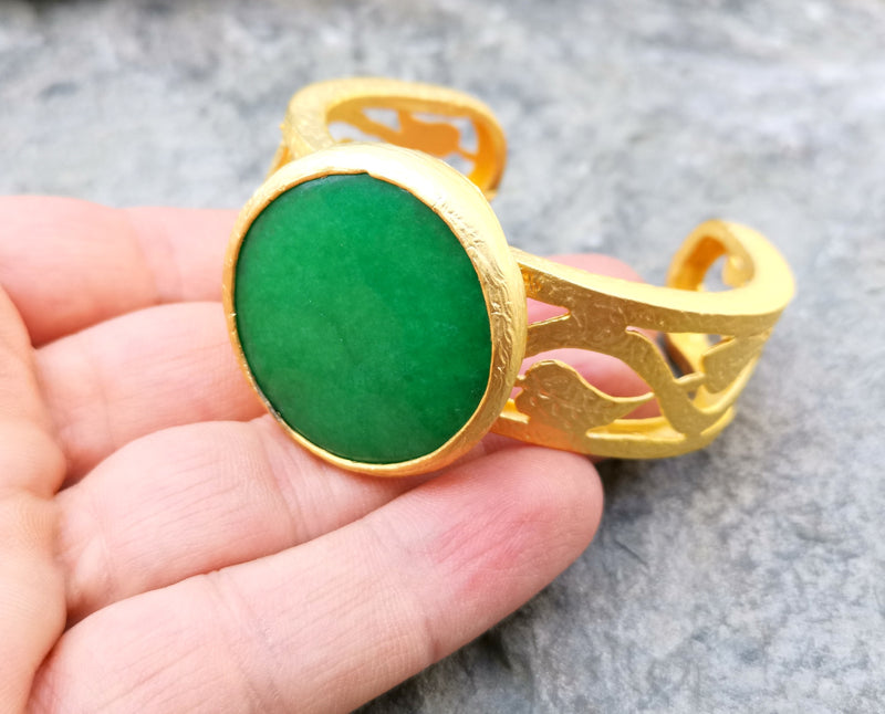 Bracelet with Green Stone Gold Plated Brass Adjustable SR222
