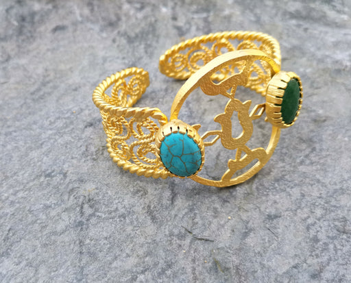 Bracelet with Turquoise and Green Stones Gold Plated Brass Adjustable SR228