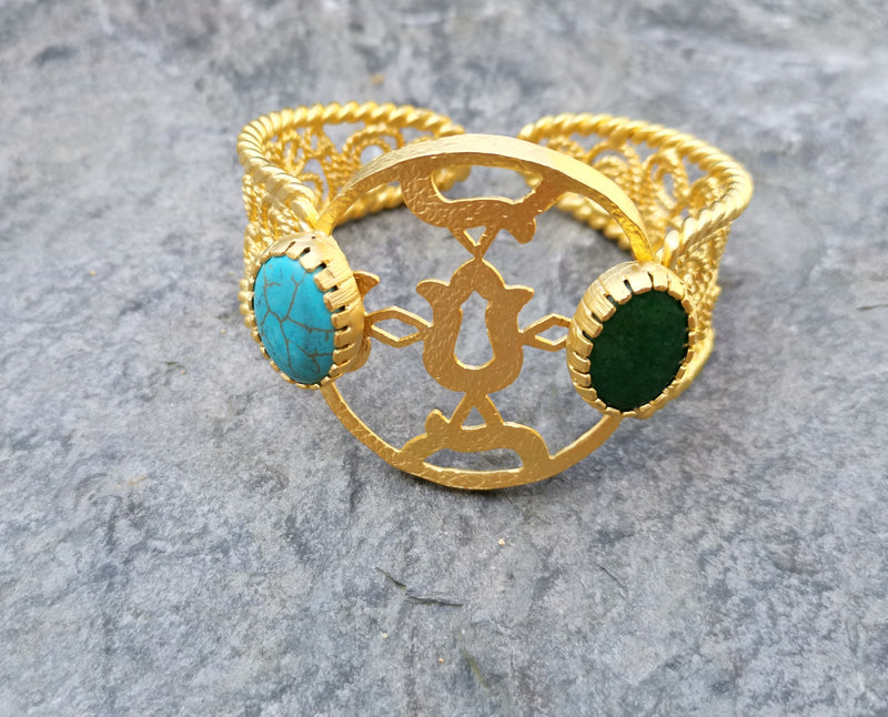Bracelet with Turquoise and Green Stones Gold Plated Brass Adjustable SR228