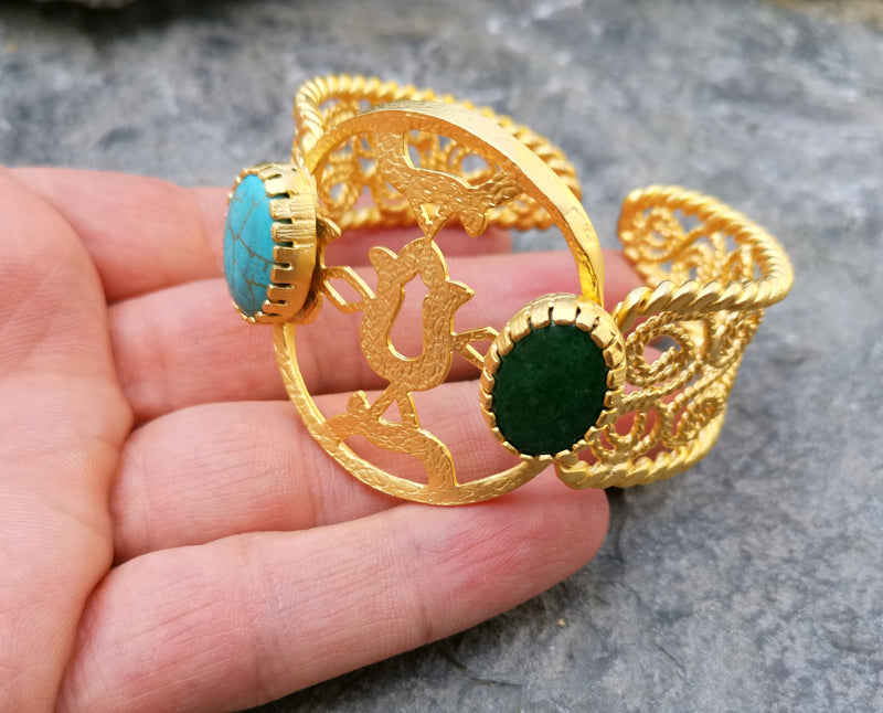 Bracelet with Turquoise and Green Stones Gold Plated Brass Adjustable SR228
