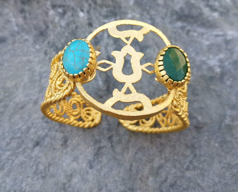 Bracelet with Turquoise and Green Stones Gold Plated Brass Adjustable SR228