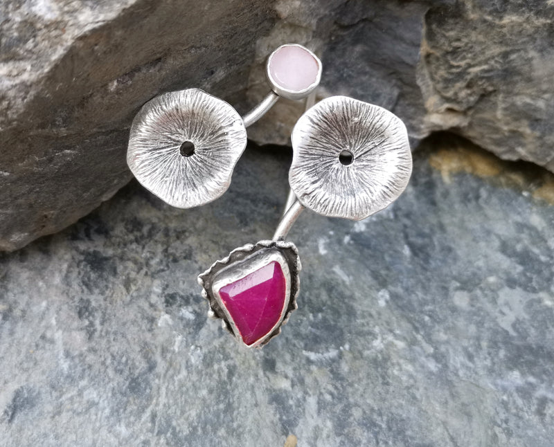 Flower Bracelet With Fuchsia and Light Pink Stones Antique Silver Plated Brass Adjustable SR239