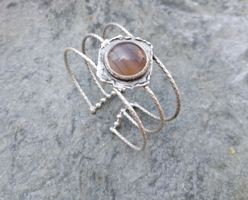 Bracelet With Bronze Agate Gemstone Antique Silver Plated Brass Adjustable SR244