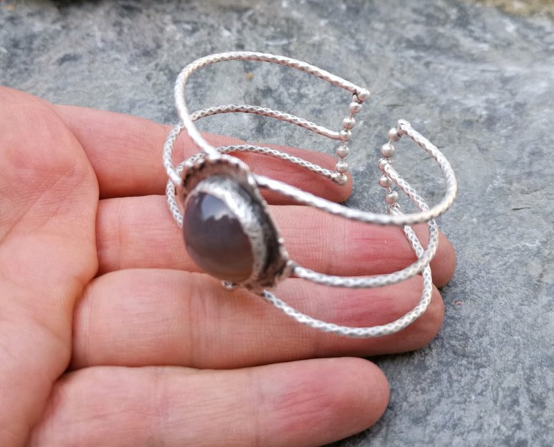 Bracelet With Bronze Agate Gemstone Antique Silver Plated Brass Adjustable SR244