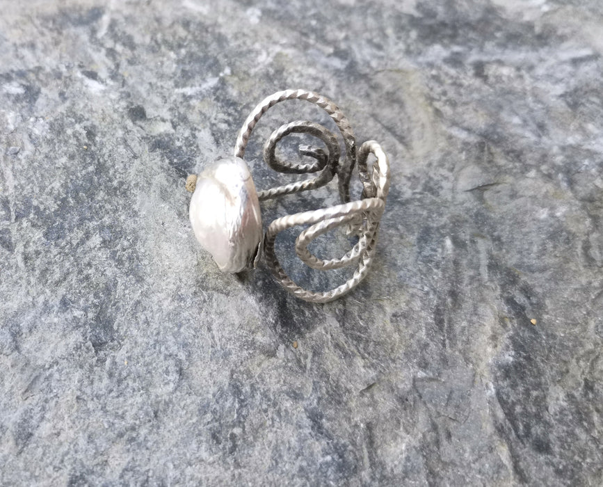 Ring with Real Pearl Antique Silver Plated Brass Adjustable SR266