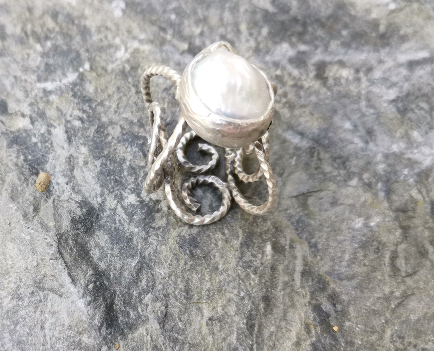 Ring with Real Pearl Antique Silver Plated Brass Adjustable SR266