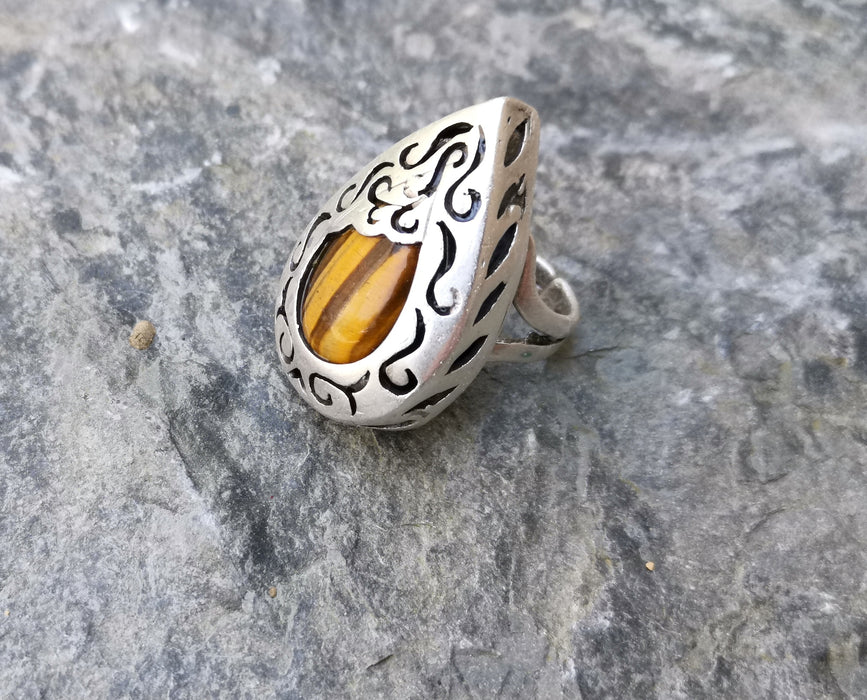 Ring with Tiger Eye Gemstone Antique Silver Plated Brass Adjustable SR267