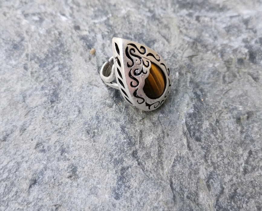 Ring with Tiger Eye Gemstone Antique Silver Plated Brass Adjustable SR267