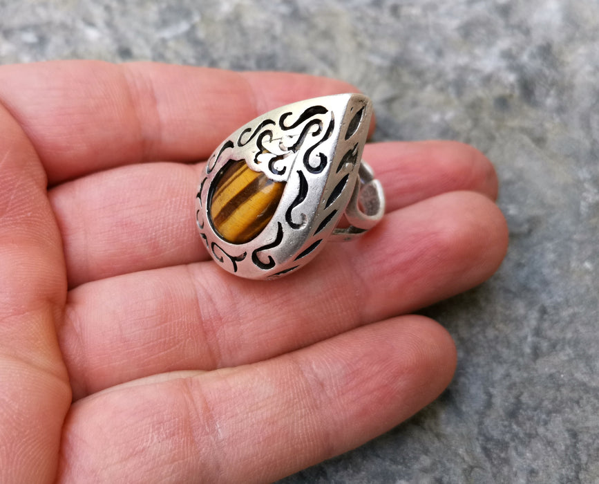 Ring with Tiger Eye Gemstone Antique Silver Plated Brass Adjustable SR267