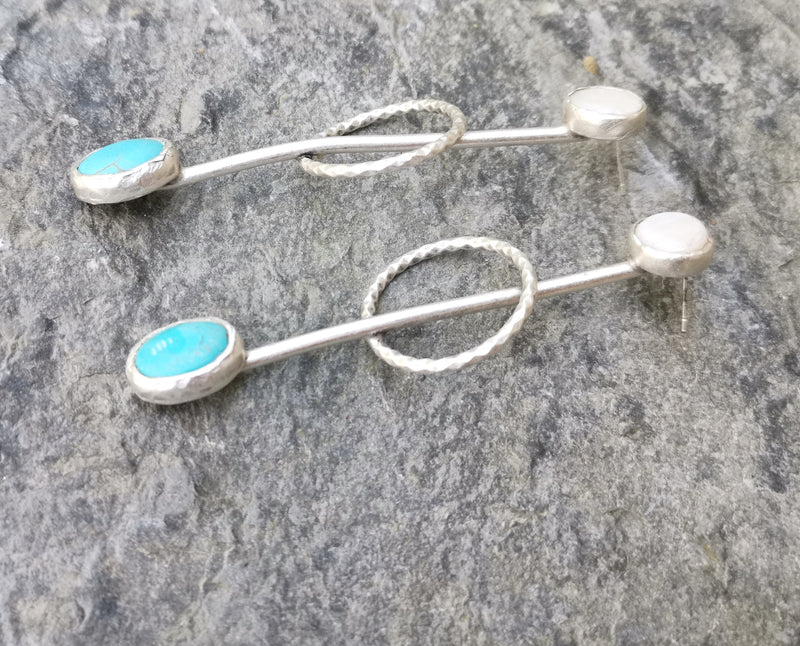 Earrings with Turquoise and White Stone Antique Silver Plated Brass SR292