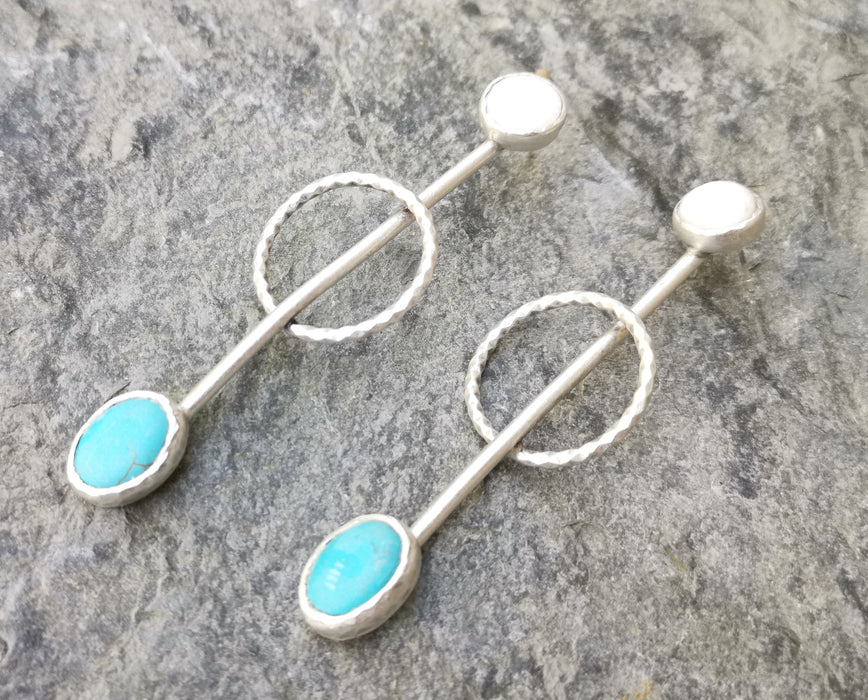 Earrings with Turquoise and White Stone Antique Silver Plated Brass SR292