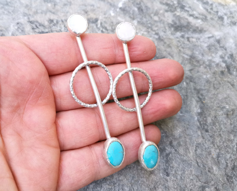 Earrings with Turquoise and White Stone Antique Silver Plated Brass SR292