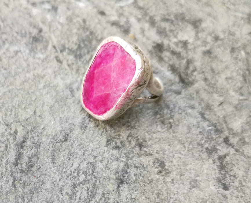 Ring with Fuchsia Stone Antique Silver Plated Brass Adjustable SR272