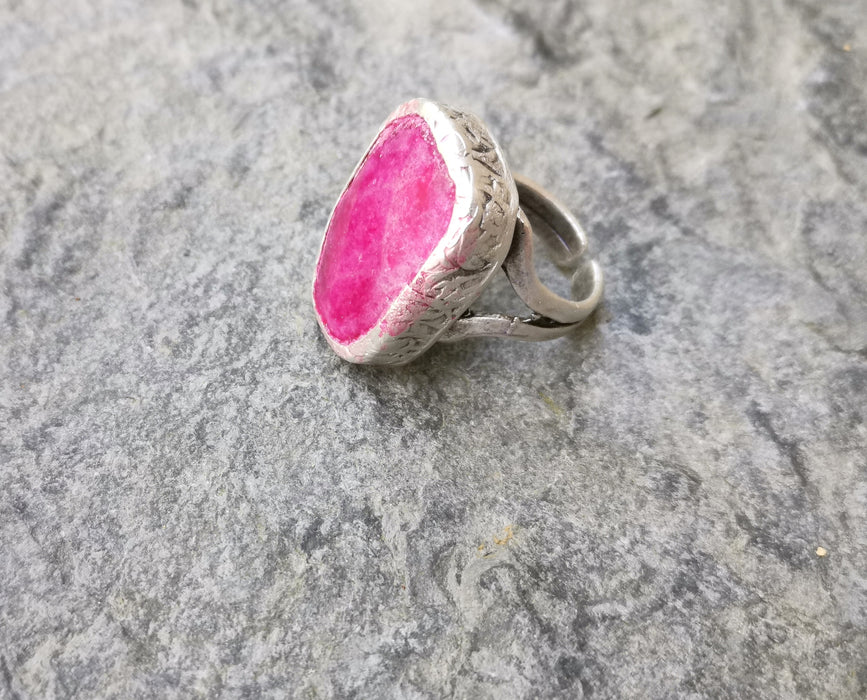 Ring with Fuchsia Stone Antique Silver Plated Brass Adjustable SR272