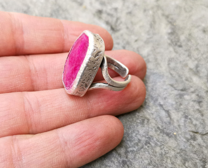 Ring with Fuchsia Stone Antique Silver Plated Brass Adjustable SR272