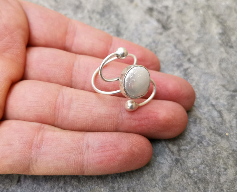 Ring with Real Pearl Antique Silver Plated Brass Adjustable SR273