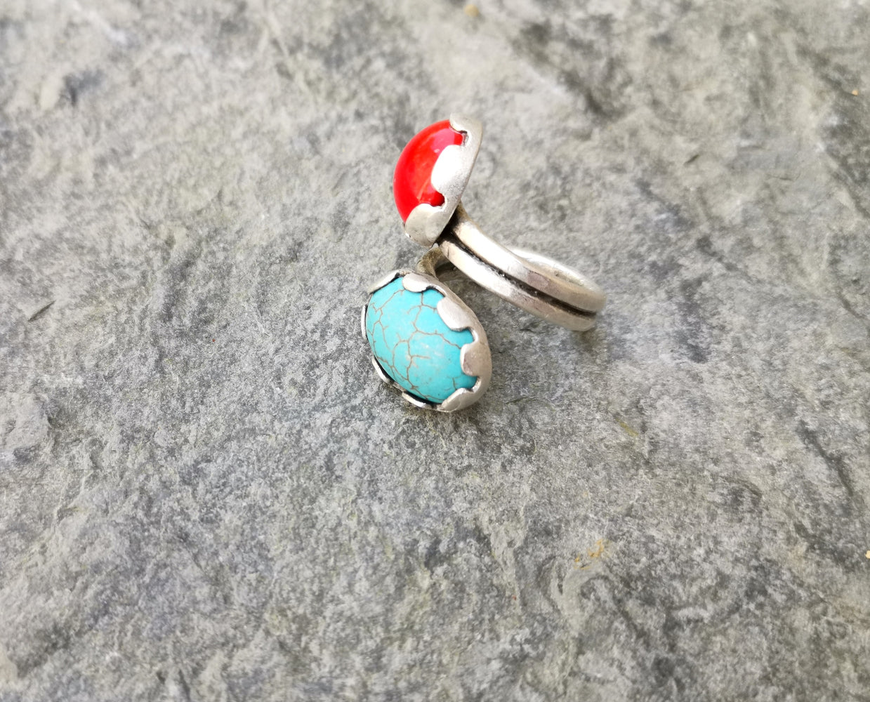 Ring with Turquoise and Red Stones Antique Silver Plated Brass Adjustable SR275