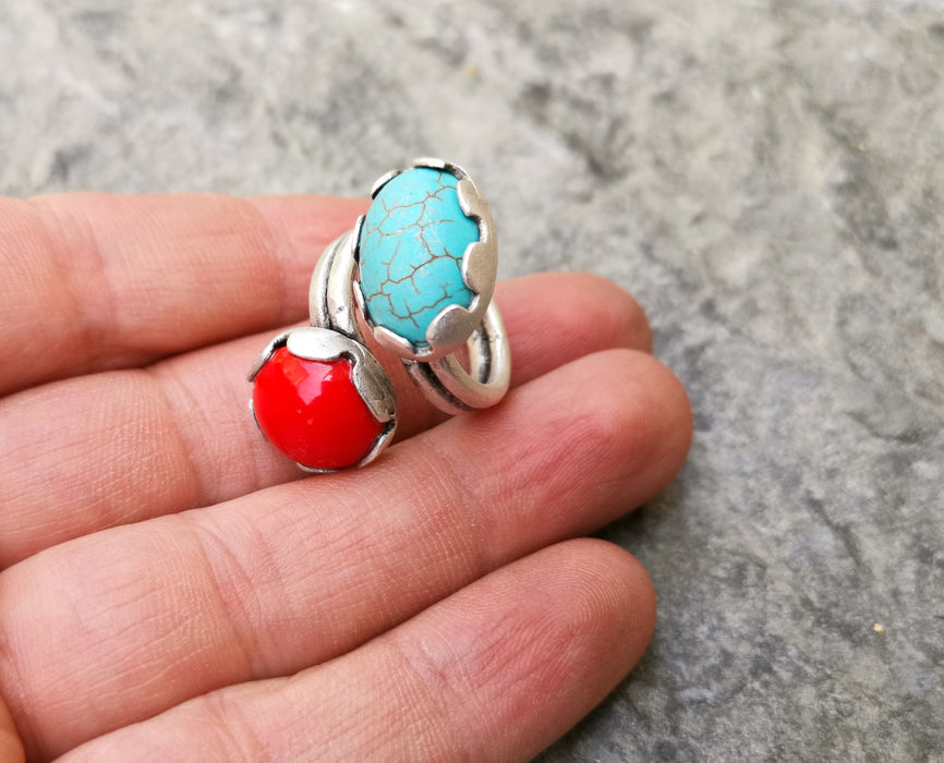 Ring with Turquoise and Red Stones Antique Silver Plated Brass Adjustable SR275