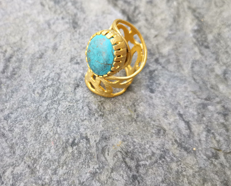 Ring with Turquoise Stone Gold Plated Brass Adjustable SR279