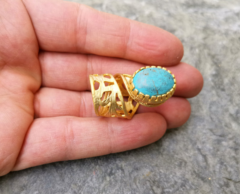 Ring with Turquoise Stone Gold Plated Brass Adjustable SR279