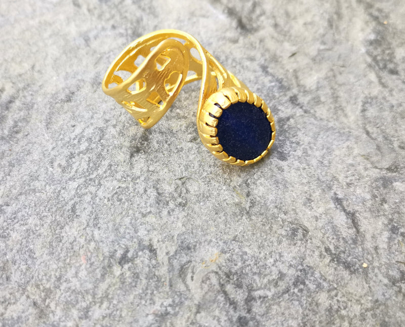 Ring with Dark Blue Stone Gold Plated Brass Adjustable SR280
