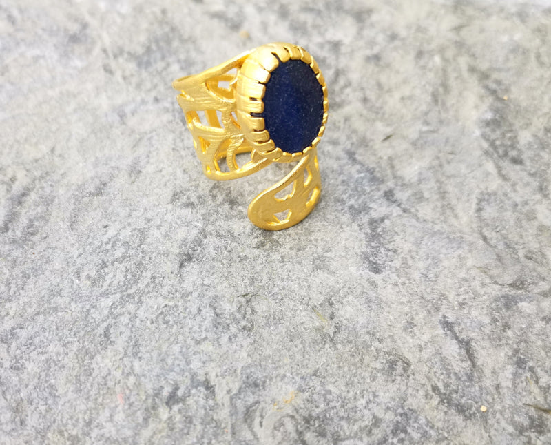 Ring with Dark Blue Stone Gold Plated Brass Adjustable SR280