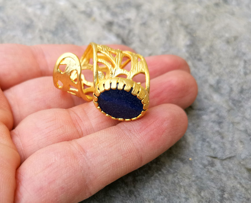 Ring with Dark Blue Stone Gold Plated Brass Adjustable SR280
