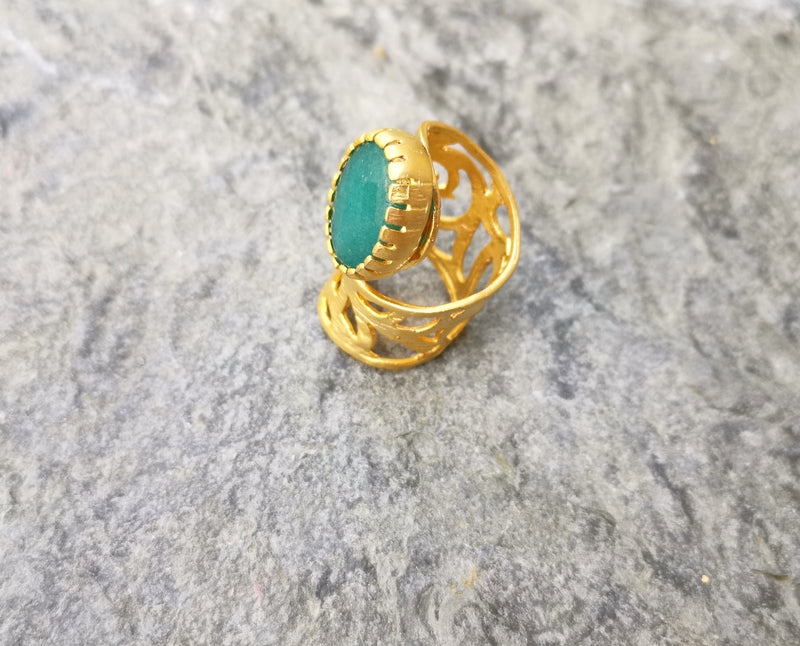 Ring with Wather Green Stone Gold Plated Brass Adjustable SR281