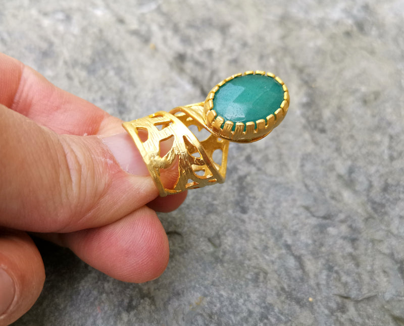 Ring with Wather Green Stone Gold Plated Brass Adjustable SR281