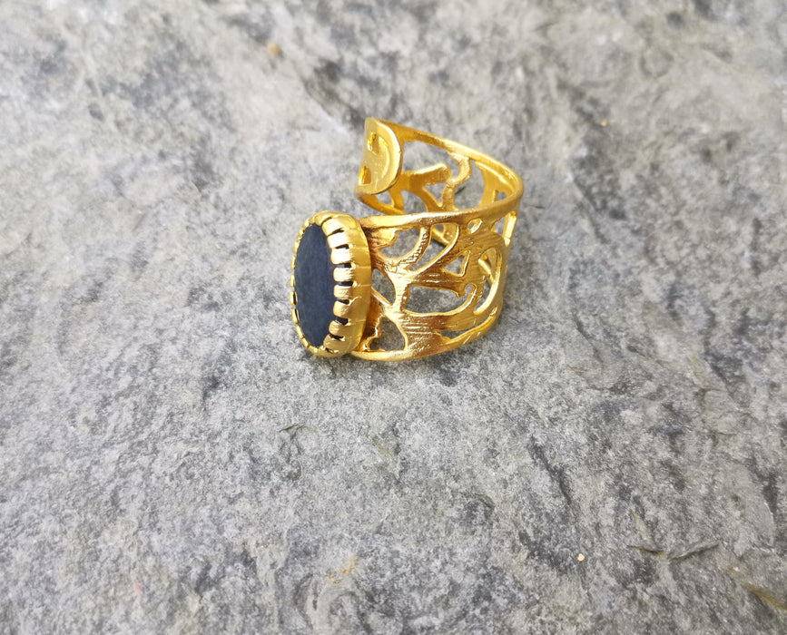 Ring with Night Blue Stone Gold Plated Brass Adjustable SR282