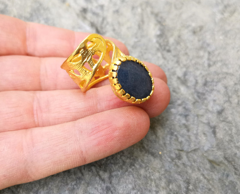 Ring with Night Blue Stone Gold Plated Brass Adjustable SR282