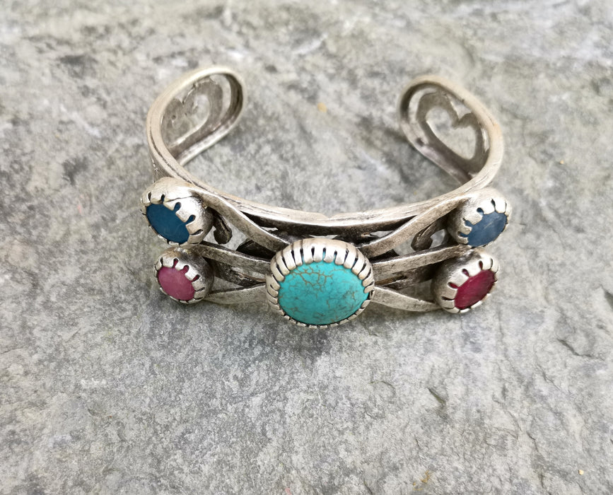 Bracelet with Colored Stones Antique Silver Plated Brass Adjustable SR283