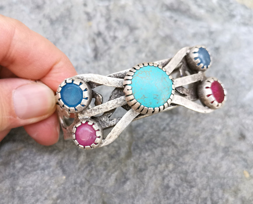 Bracelet with Colored Stones Antique Silver Plated Brass Adjustable SR283