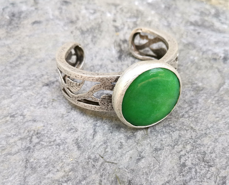 Bracelet with Green Stone Silver Plated Brass Adjustable SR288