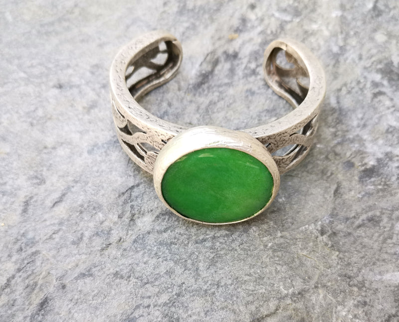 Bracelet with Green Stone Silver Plated Brass Adjustable SR288