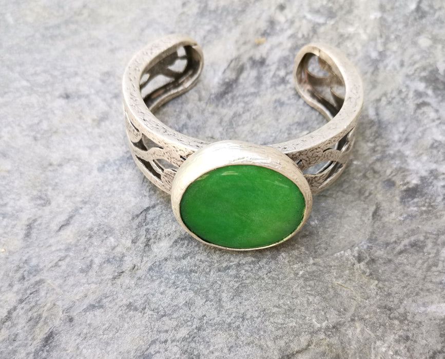 Bracelet with Green Stone Silver Plated Brass Adjustable SR288