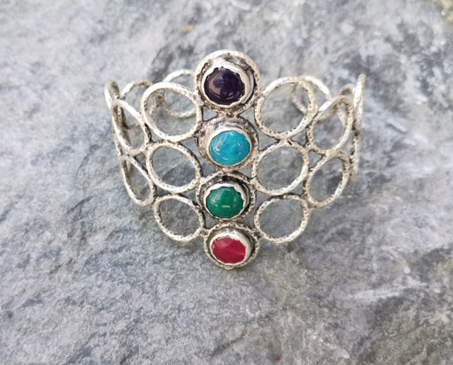 Bracelet with Colored Stones Antique Silver Plated Brass Adjustable SR291