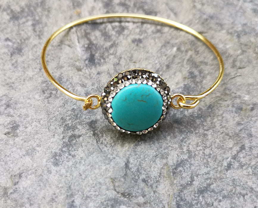 Wire Bracelet with Round Turquoise Stone Gold Plated Brass SR363