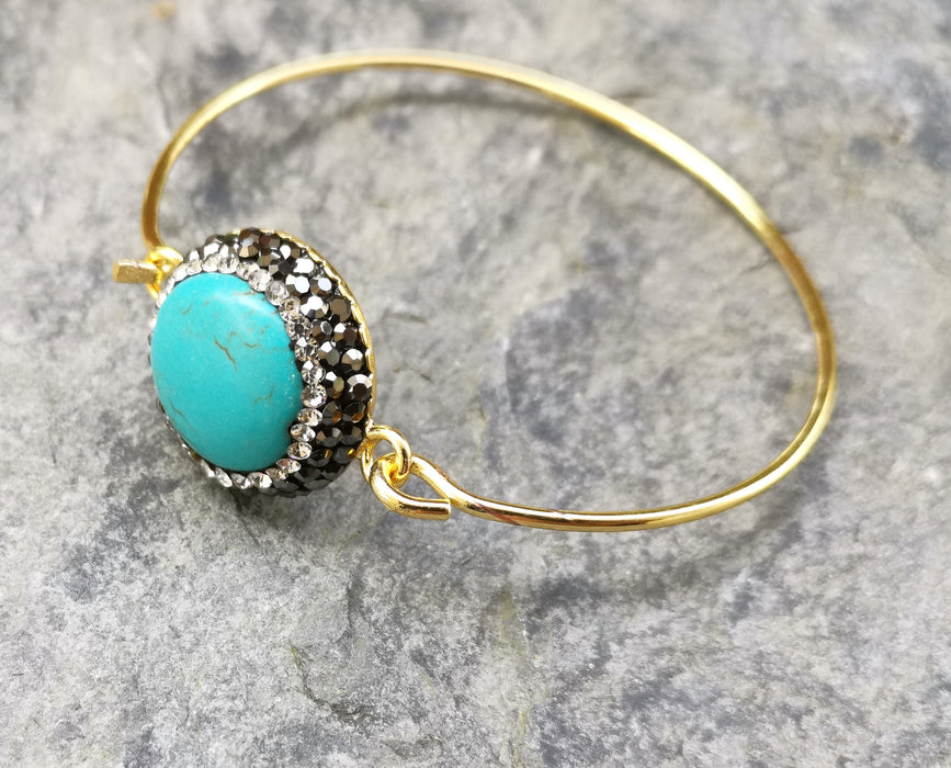 Wire Bracelet with Round Turquoise Stone Gold Plated Brass SR363