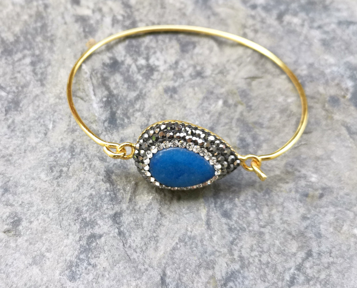Wire Bracelet with Drop Blue Stone Gold Plated Brass SR364