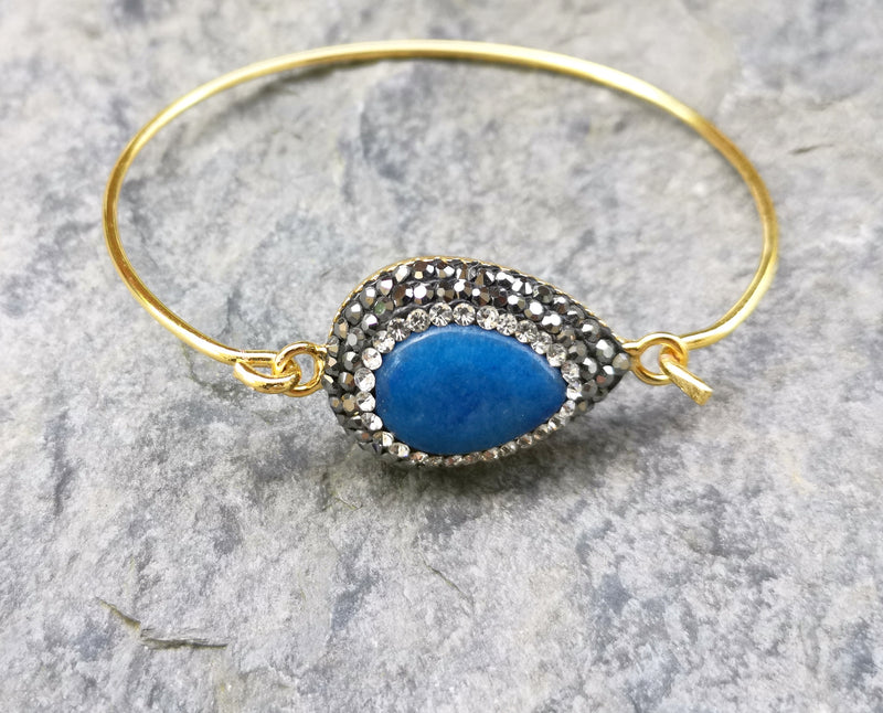 Wire Bracelet with Drop Blue Stone Gold Plated Brass SR364