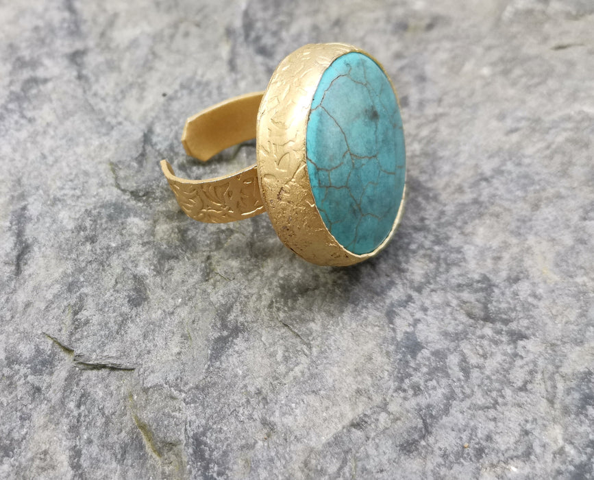 Ring with Turquoise Stone Gold Plated Brass Adjustable  SR375