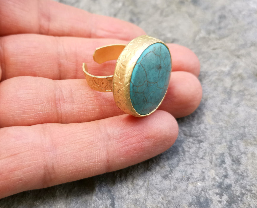 Ring with Turquoise Stone Gold Plated Brass Adjustable  SR375