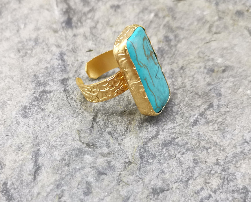 Ring with Rectangle Turquoise Stone Gold Plated Brass Adjustable  SR376