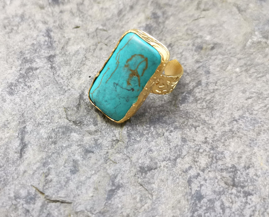 Ring with Rectangle Turquoise Stone Gold Plated Brass Adjustable  SR376