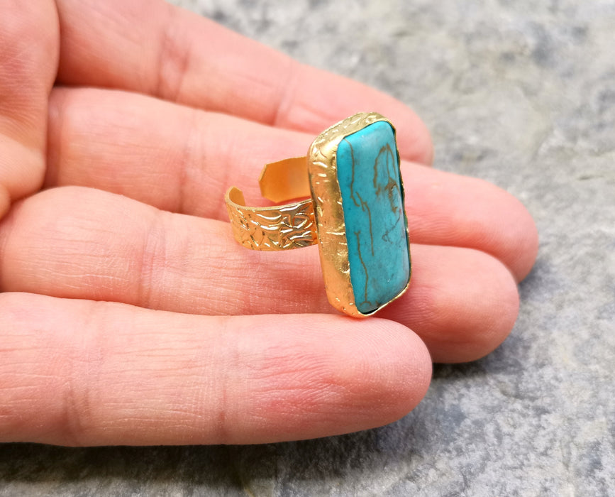 Ring with Rectangle Turquoise Stone Gold Plated Brass Adjustable  SR376