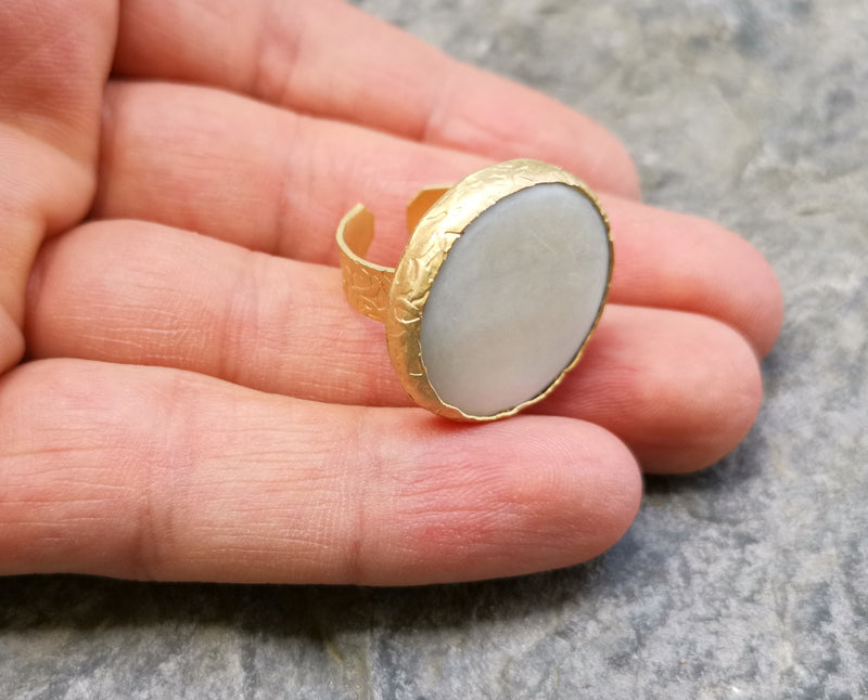 Ring with Round Real Pearl Gold Plated Brass Adjustable SR378