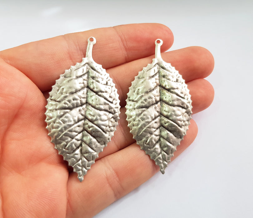 2 Silver Charms Leaf Charms Antique Silver Plated Brass  (59x29 mm )  SR54