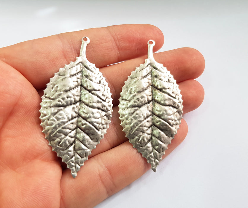 2 Silver Charms Leaf Charms Antique Silver Plated Brass  (59x29 mm )  SR54